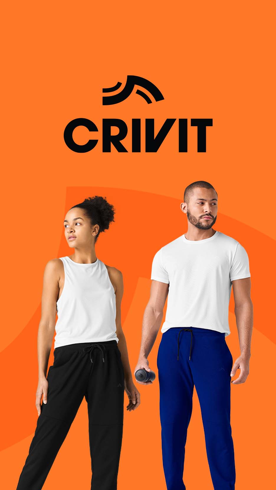 Two people in white tops and sweatpants, one black and one blue, with a logo above.