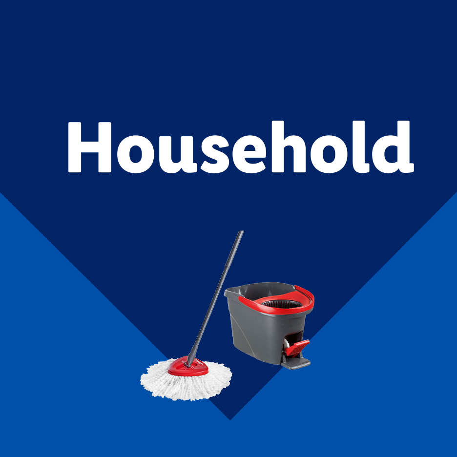 Household cleaning tools: a spin mop and bucket on a blue background with the text 'Household'.