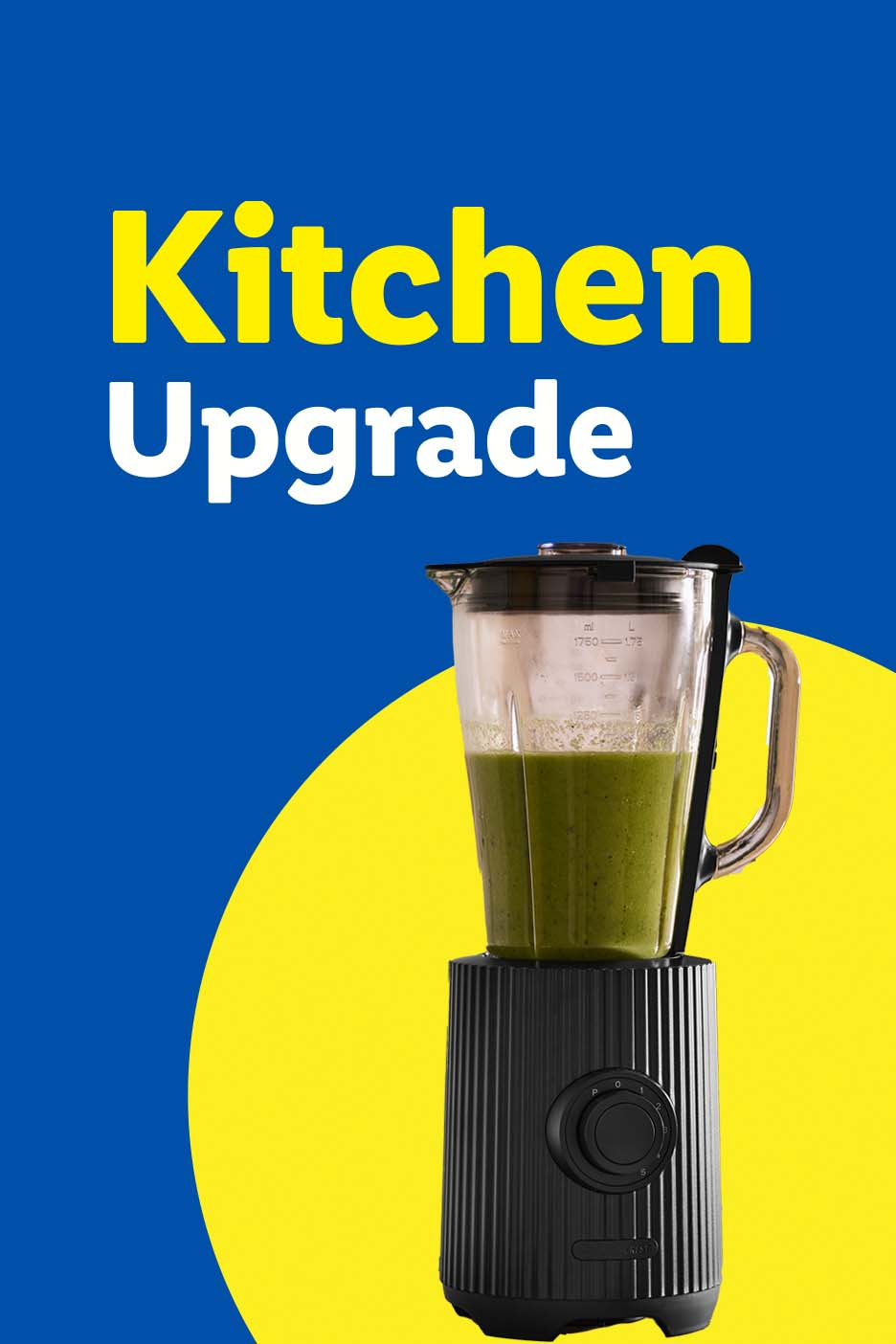 A black blender with green smoothie, on a blue and yellow background, with text 'Kitchen Upgrade'.