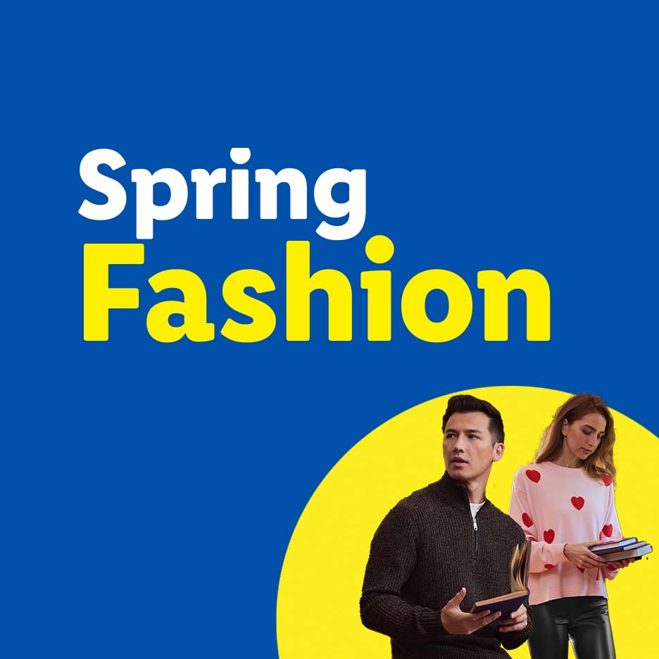 Spring Fashion: Two people in casual spring outfits, a man in a brown sweater and a woman in a pink heart-patterned top.