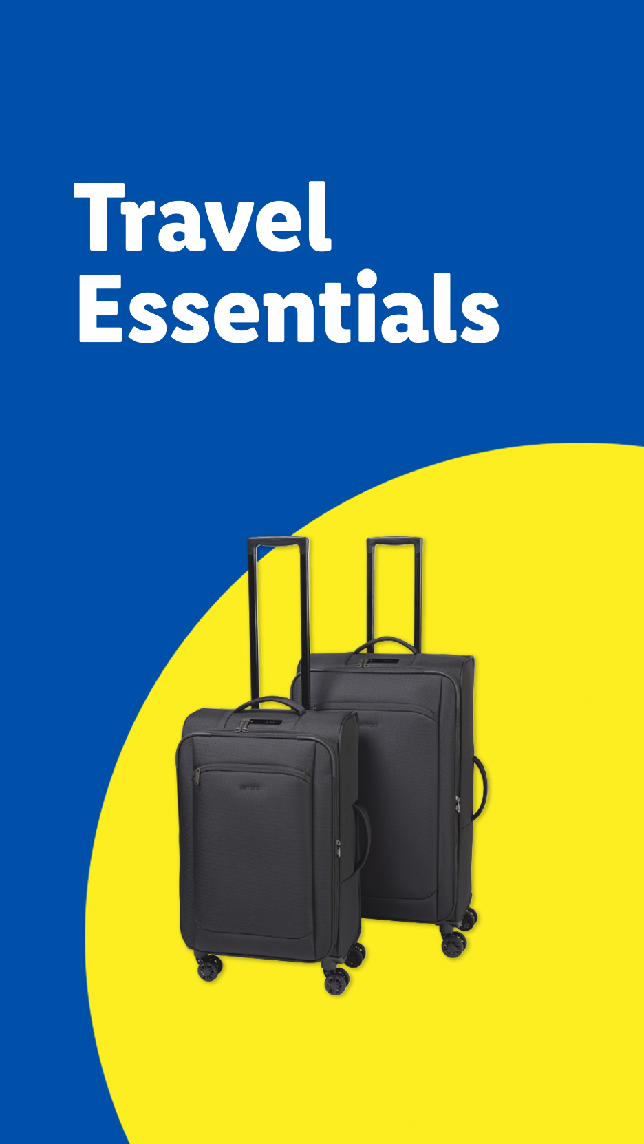 Two black suitcases on a yellow and blue background with text 'Travel Essentials'.
