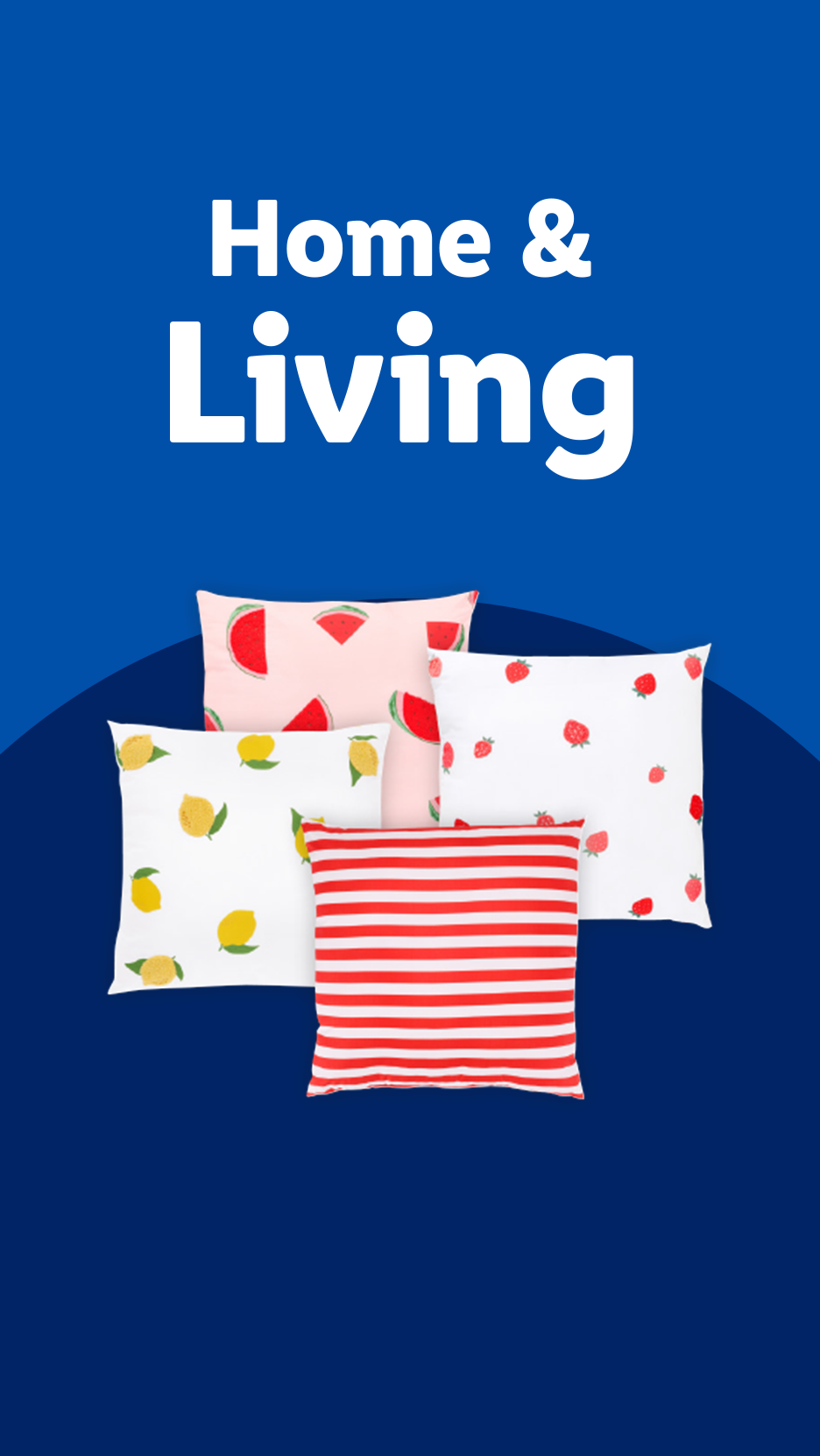 Home & Living: Decorative pillows with fruit patterns (watermelon, lemon, strawberry) and stripes.