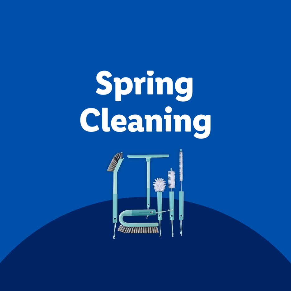 Spring Cleaning text with various cleaning brushes and tools arranged below it.