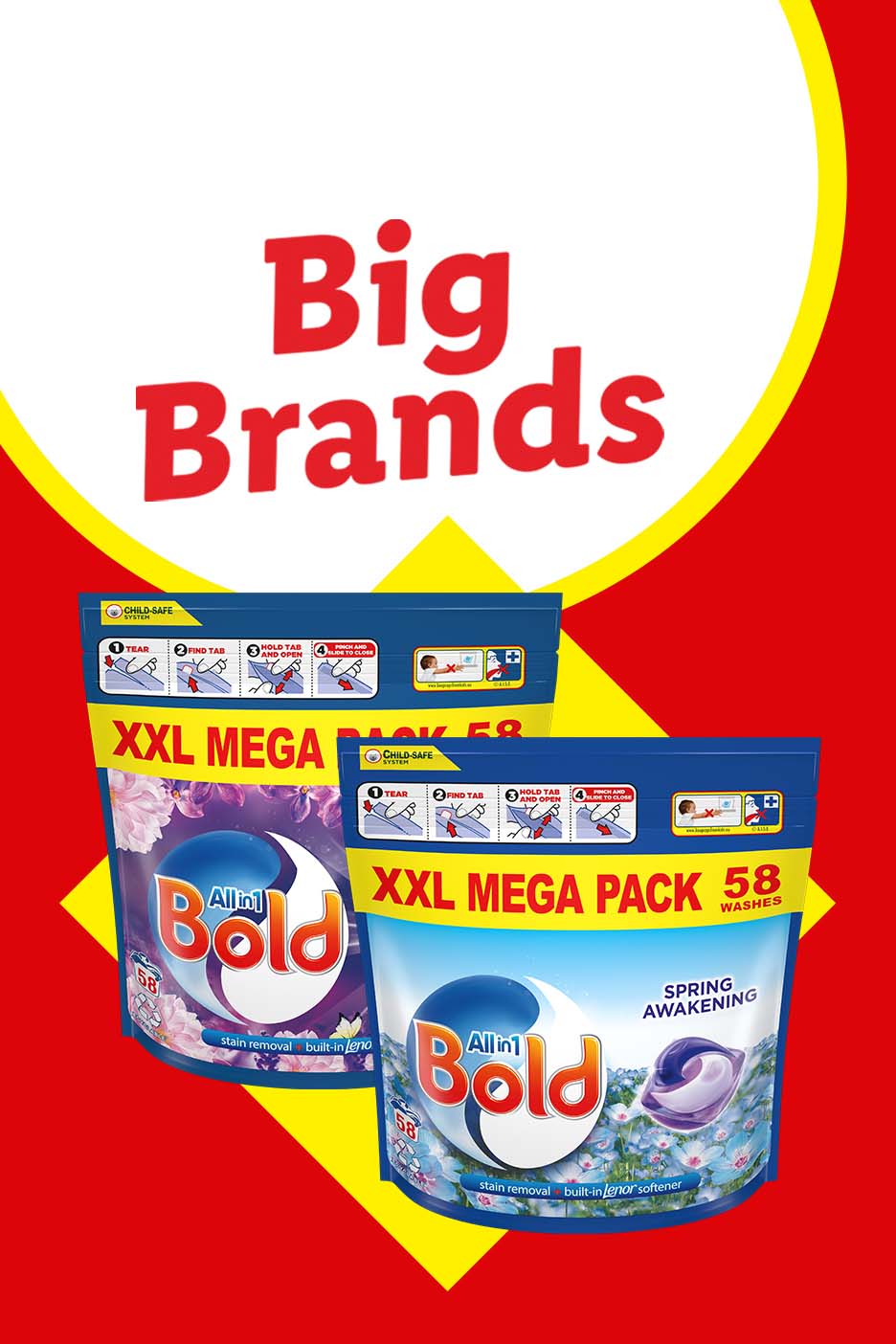 Two Bold All-in-1 laundry detergent packs, one Spring Awakening, on a red and yellow background.