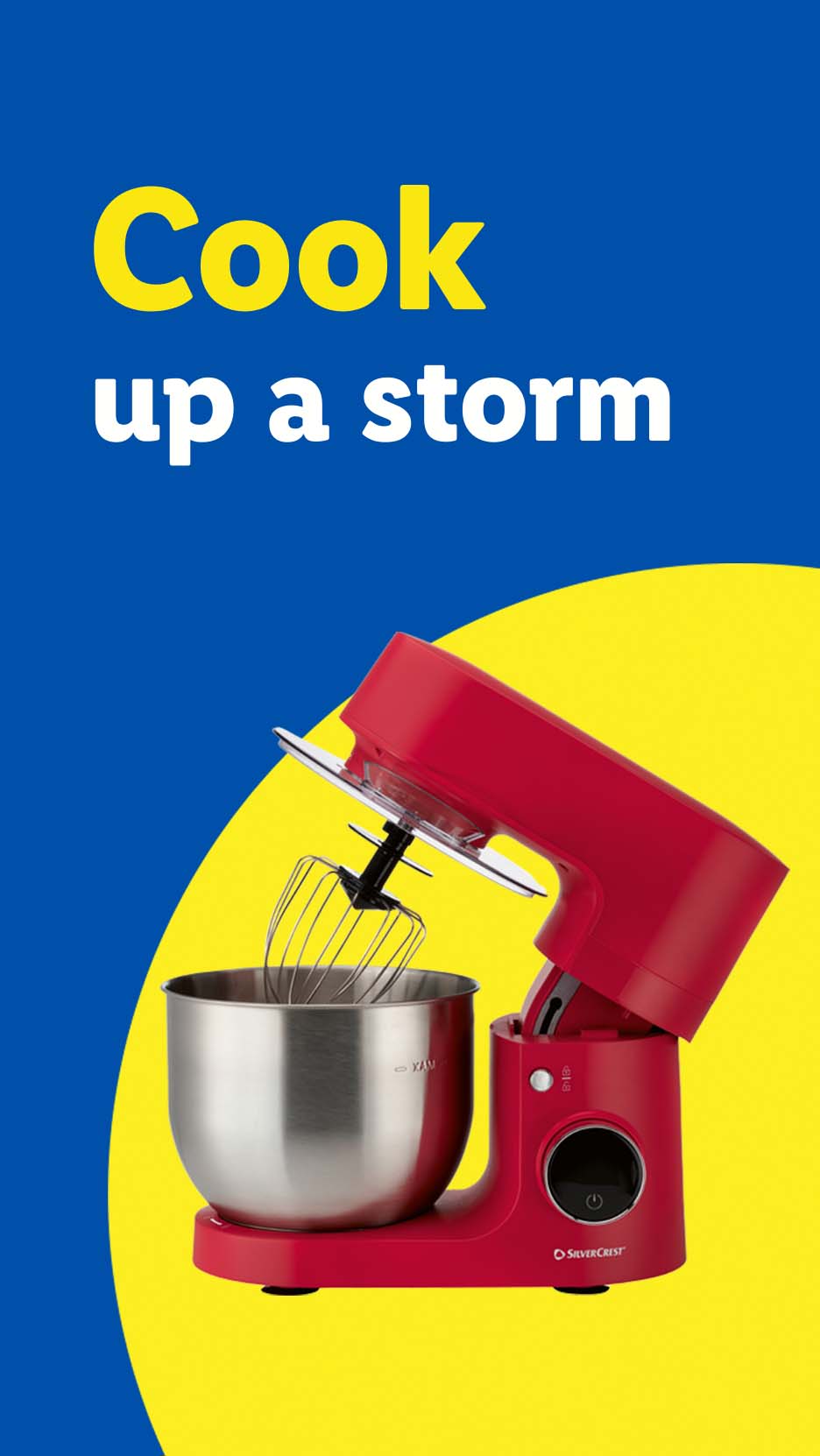 A red stand mixer with a stainless steel bowl and whisk, with text 'Cook up a storm'.