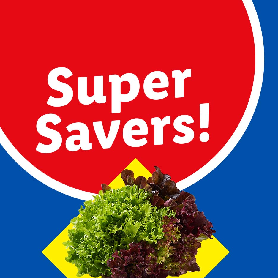 A red circle with 'Super Savers!' text, over a blue background, with lettuce on a yellow diamond.