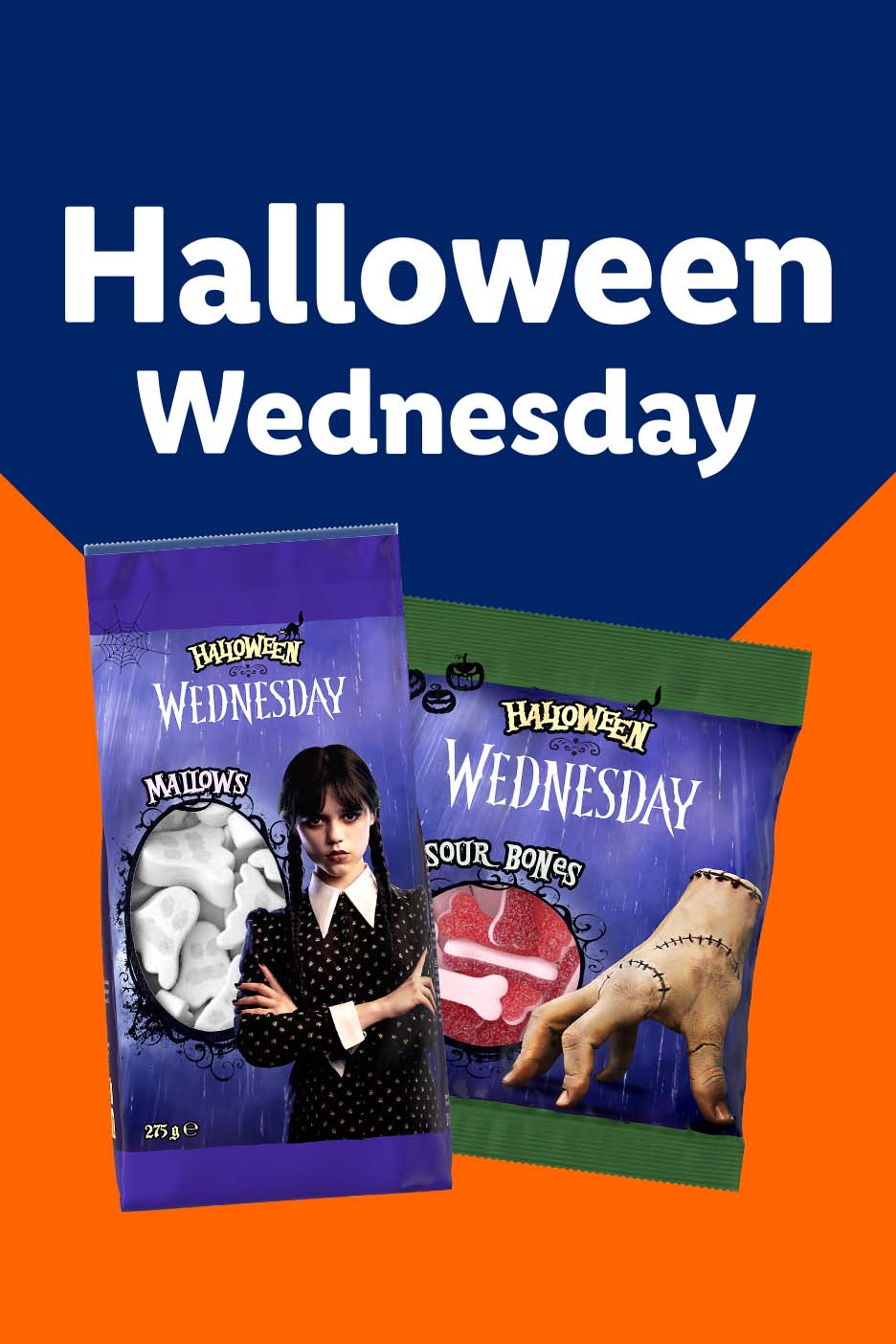 Halloween Wednesday themed candy bags: Mallows with Wednesday Addams and Sour Bones with Thing.