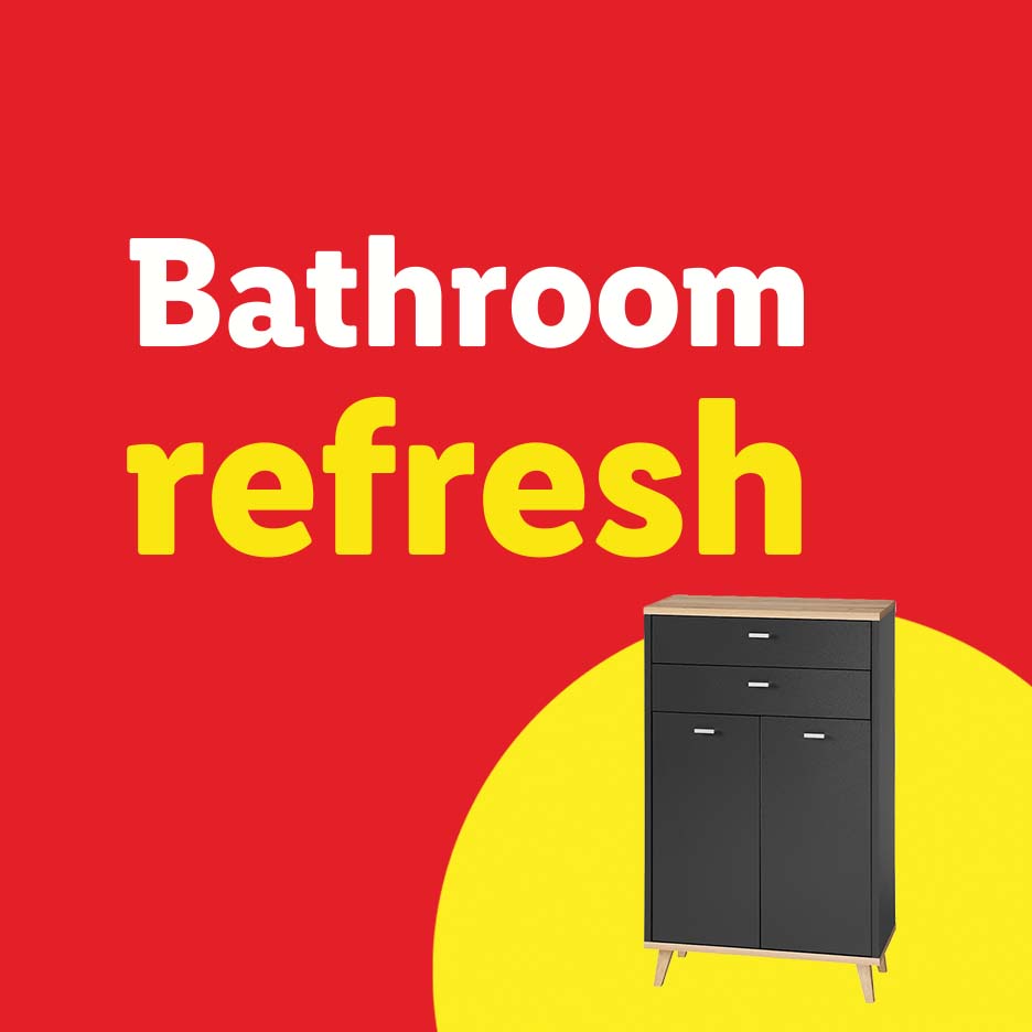 Bathroom refresh text with a black and wood cabinet on a yellow circle.
