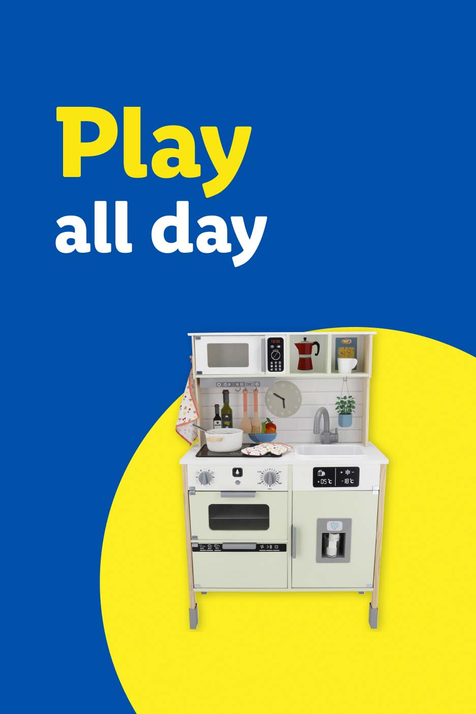 A child's play kitchen set with the text 'Play all day' on a blue and yellow background.