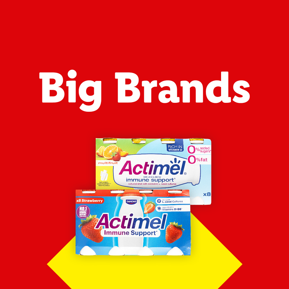 Two packs of yogurt drinks on a red and yellow background with the text Big Brands.