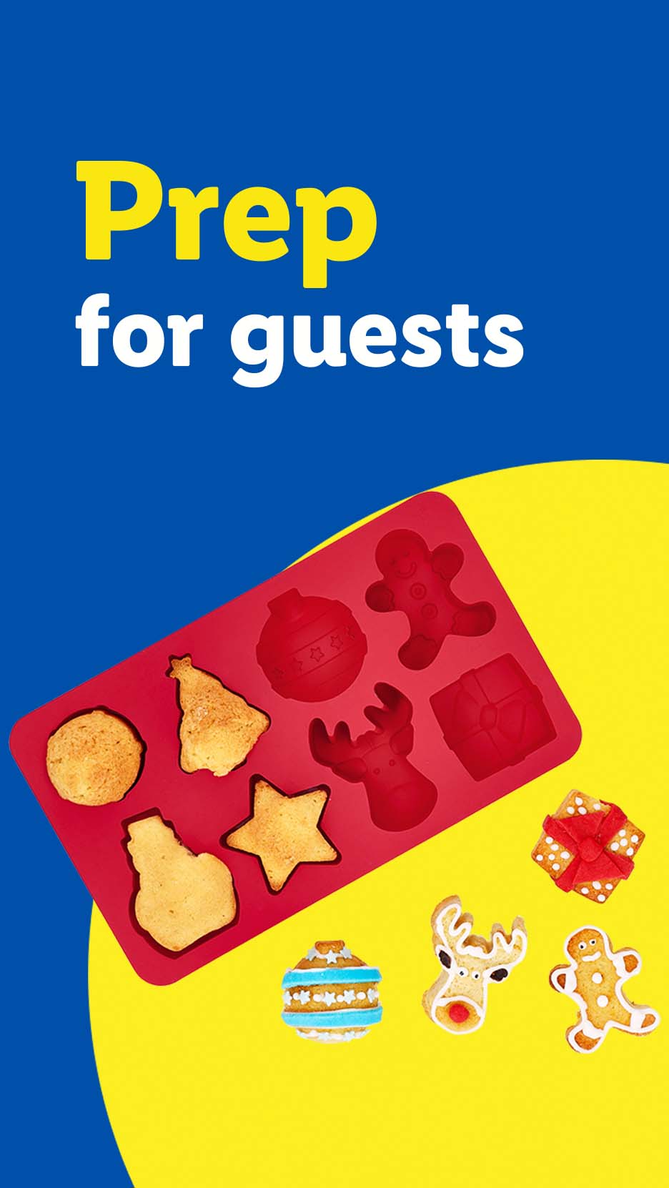 Christmas-themed silicone mold with baked cookies and decorated gingerbread figures. Text: Prep for guests.