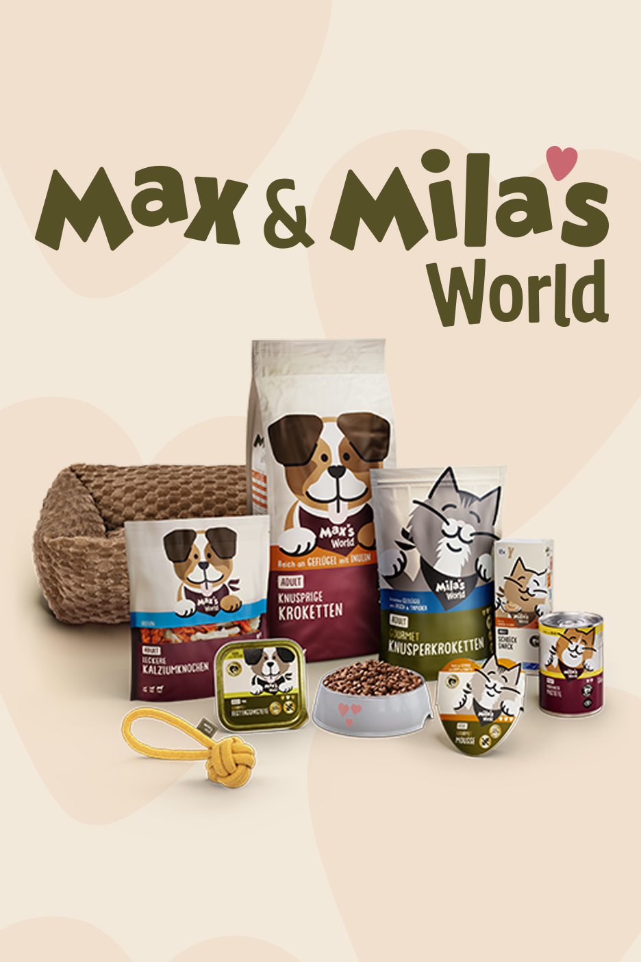 A selection of dry and wet pet food, treats, a toy, and a pet bed on a beige background.