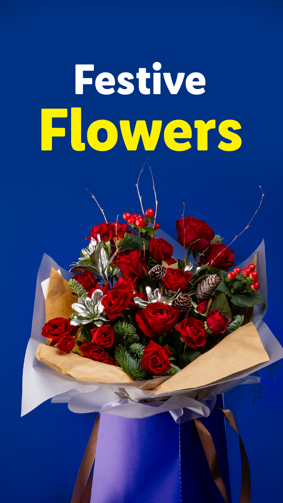 Festive Flowers: A bouquet of red roses, pinecones, and berries in a blue gift bag.