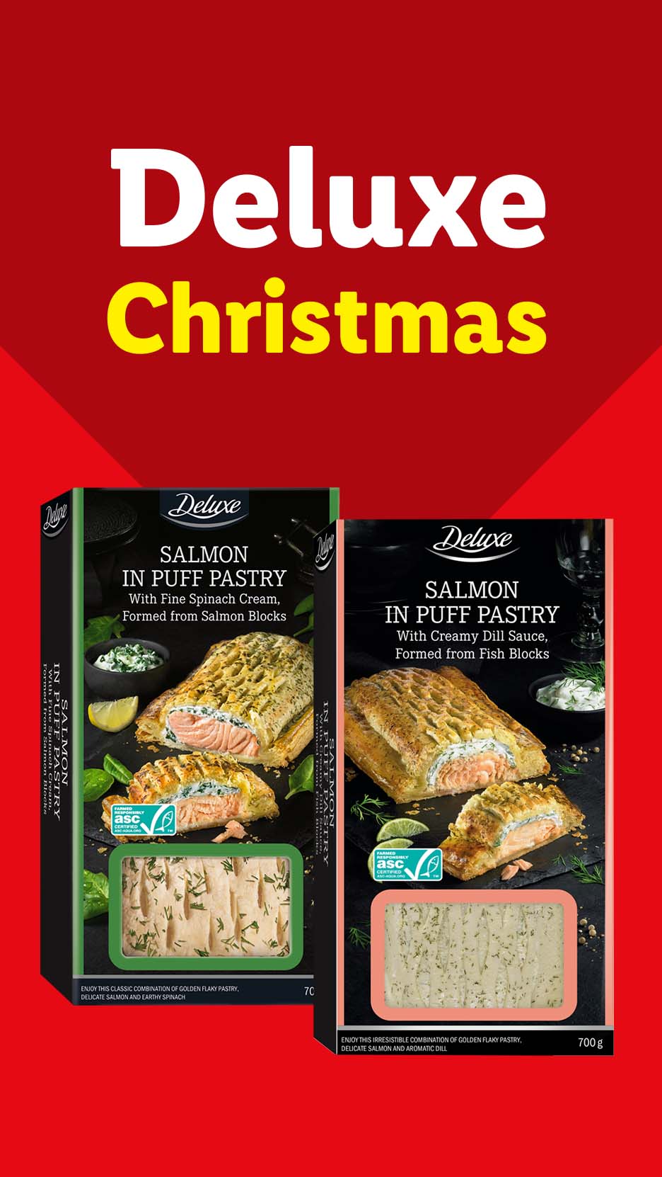 Lidl Deluxe Christmas promotion with two salmon en croute products.