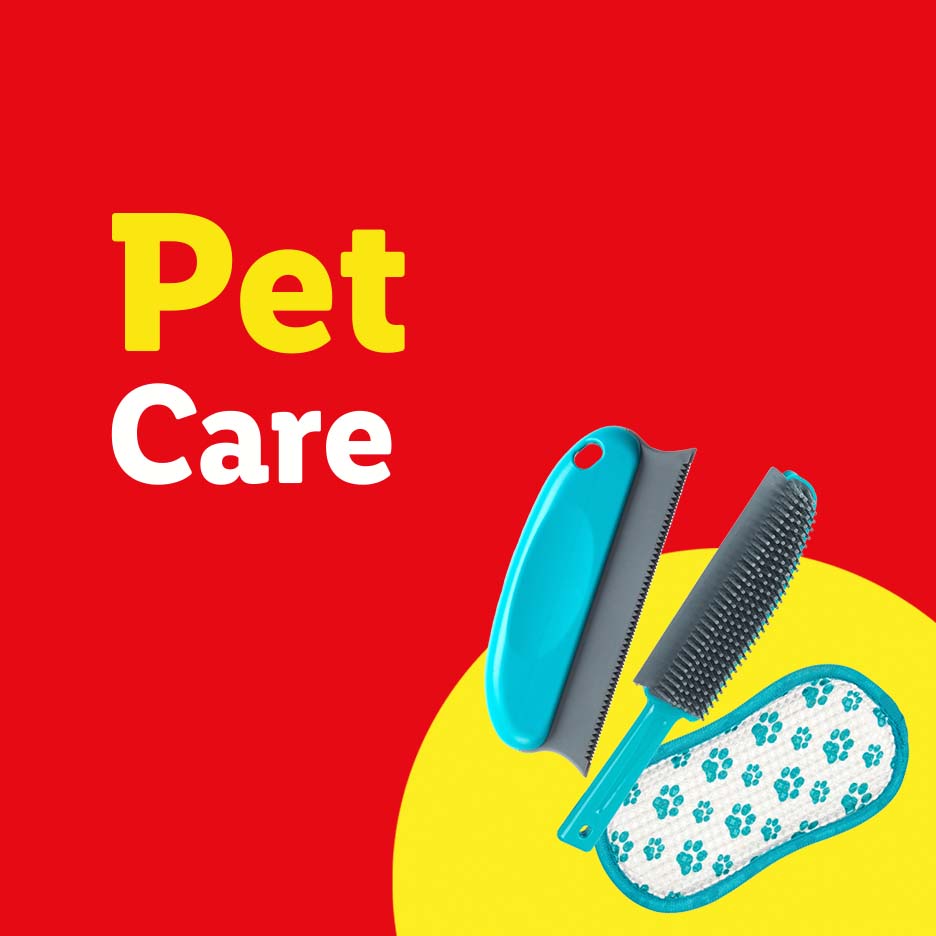 Pet Care text with a blue pet hair remover and a grey pet grooming brush.