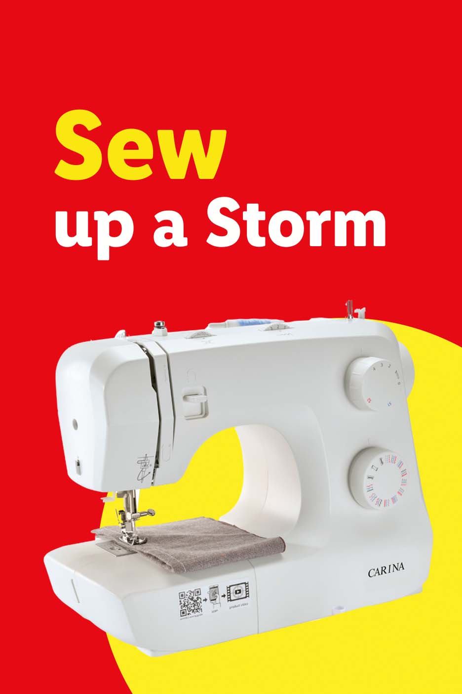 White sewing machine on a yellow background with text 'Sew up a Storm'.