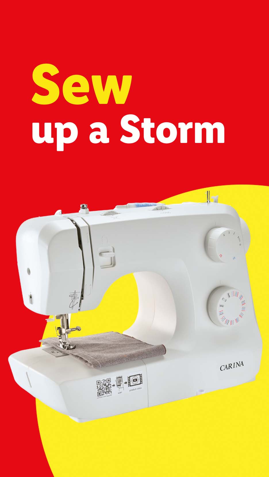White sewing machine on a yellow background with text 'Sew up a Storm'.