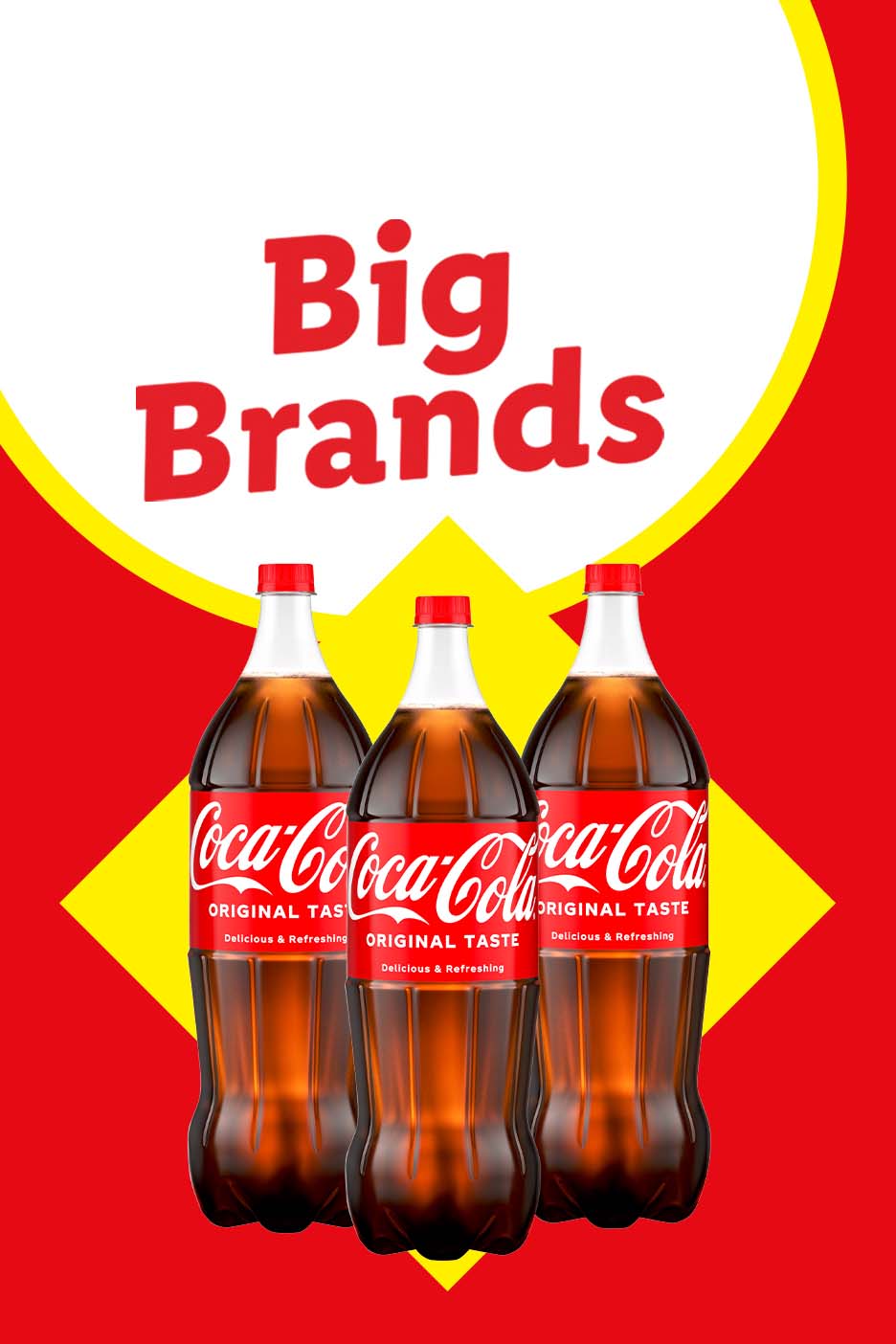 Three Coca-Cola bottles with 'Big Brands' text on a red and yellow background.