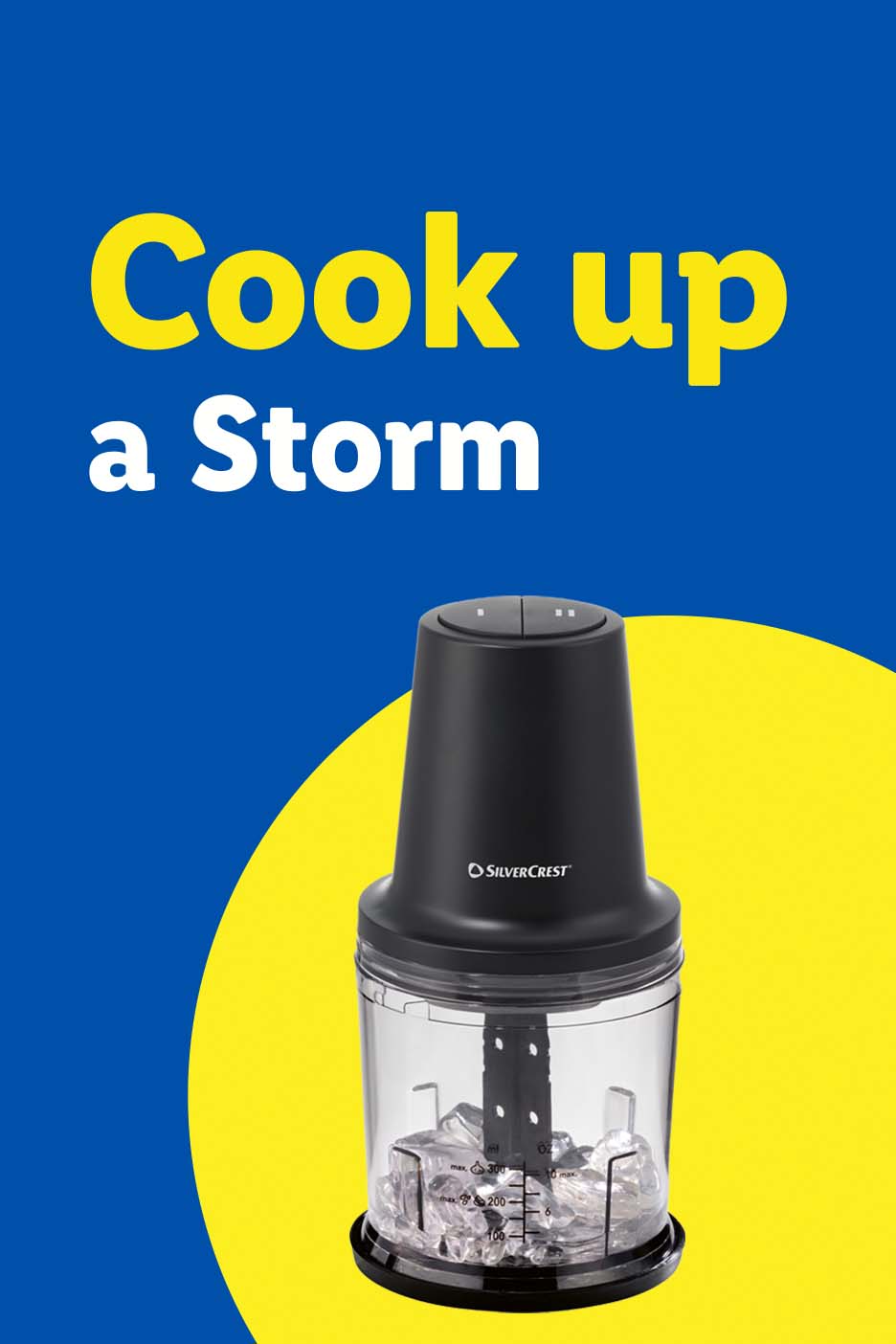 Silvercrest food chopper with ice, text reads 'Cook up a Storm'