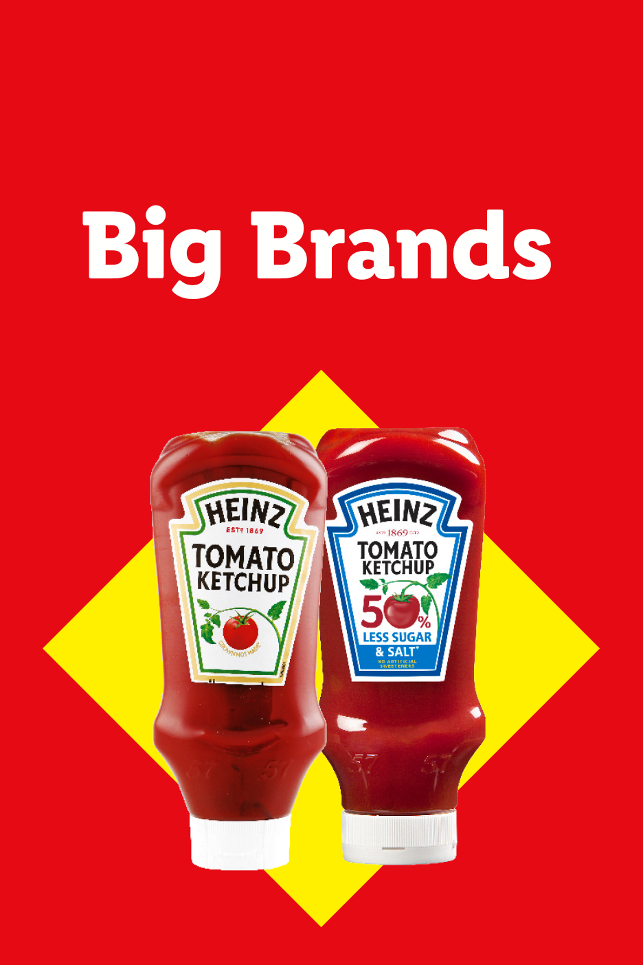 Two bottles of tomato ketchup on a red and yellow background with 'Big Brands' text.