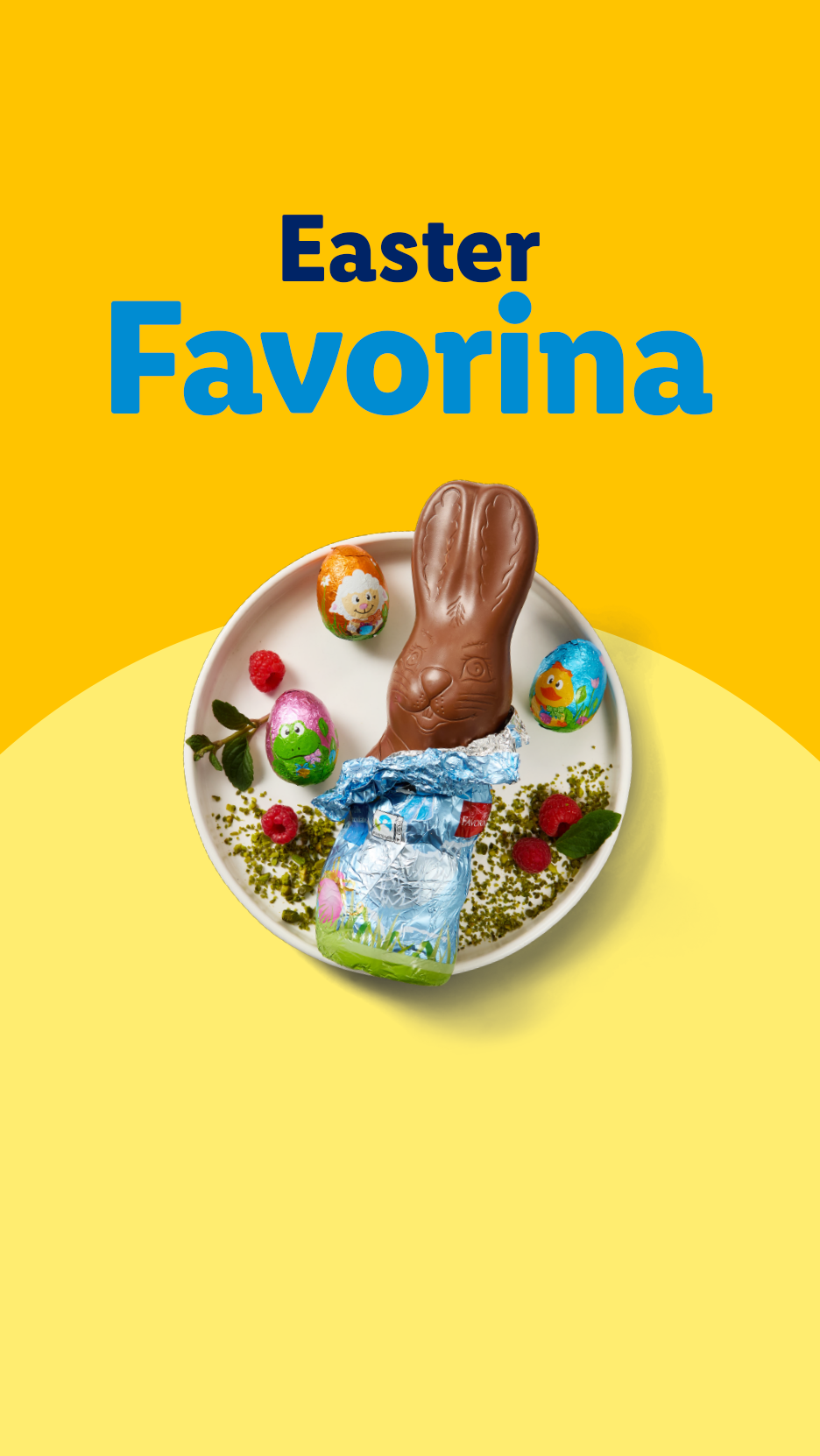 Easter chocolate bunny and foil-wrapped eggs on a plate with raspberries and mint.