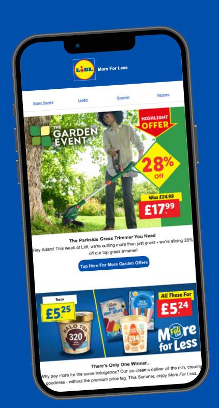 Lidl's garden event features a discounted Parkside grass trimmer and Tesco ice cream deals.