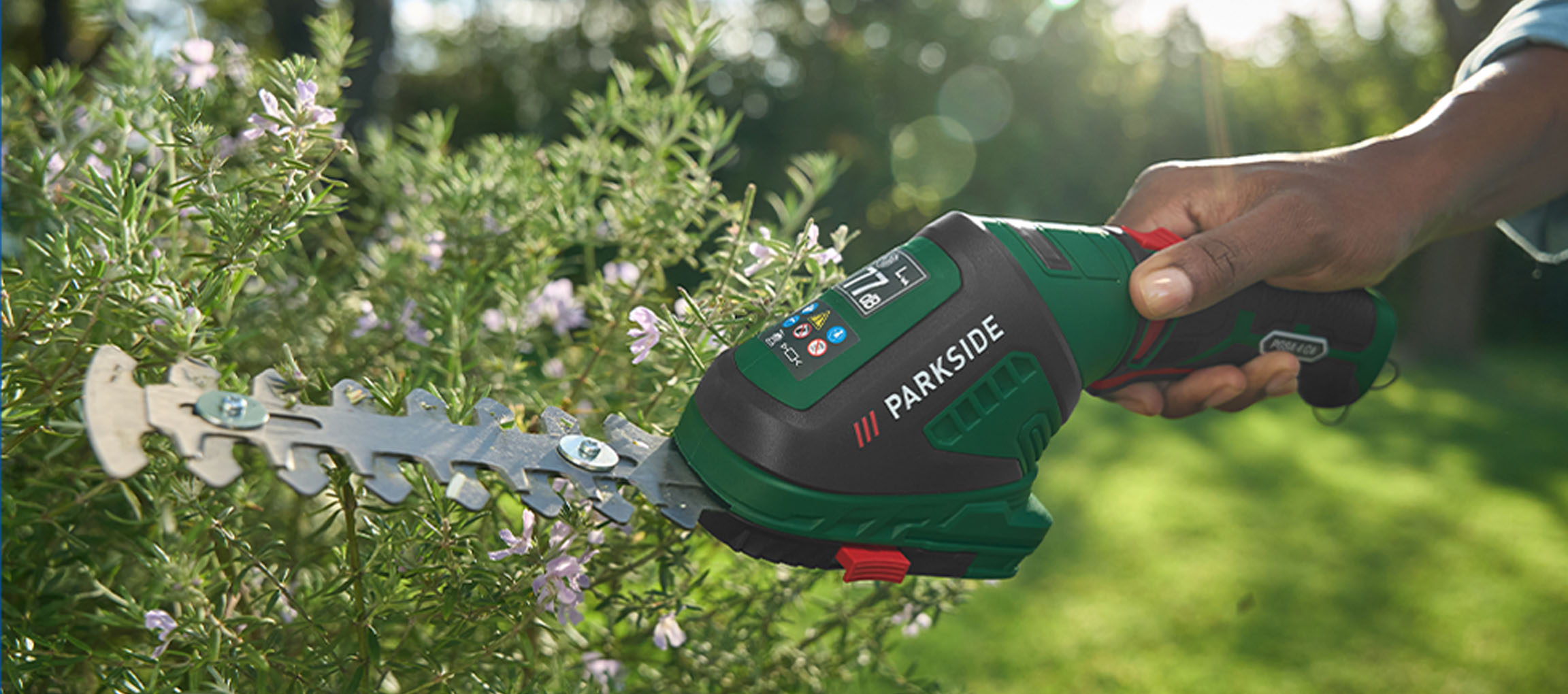 Hand holding a cordless shrub shear trimming a green bush with small purple flowers
