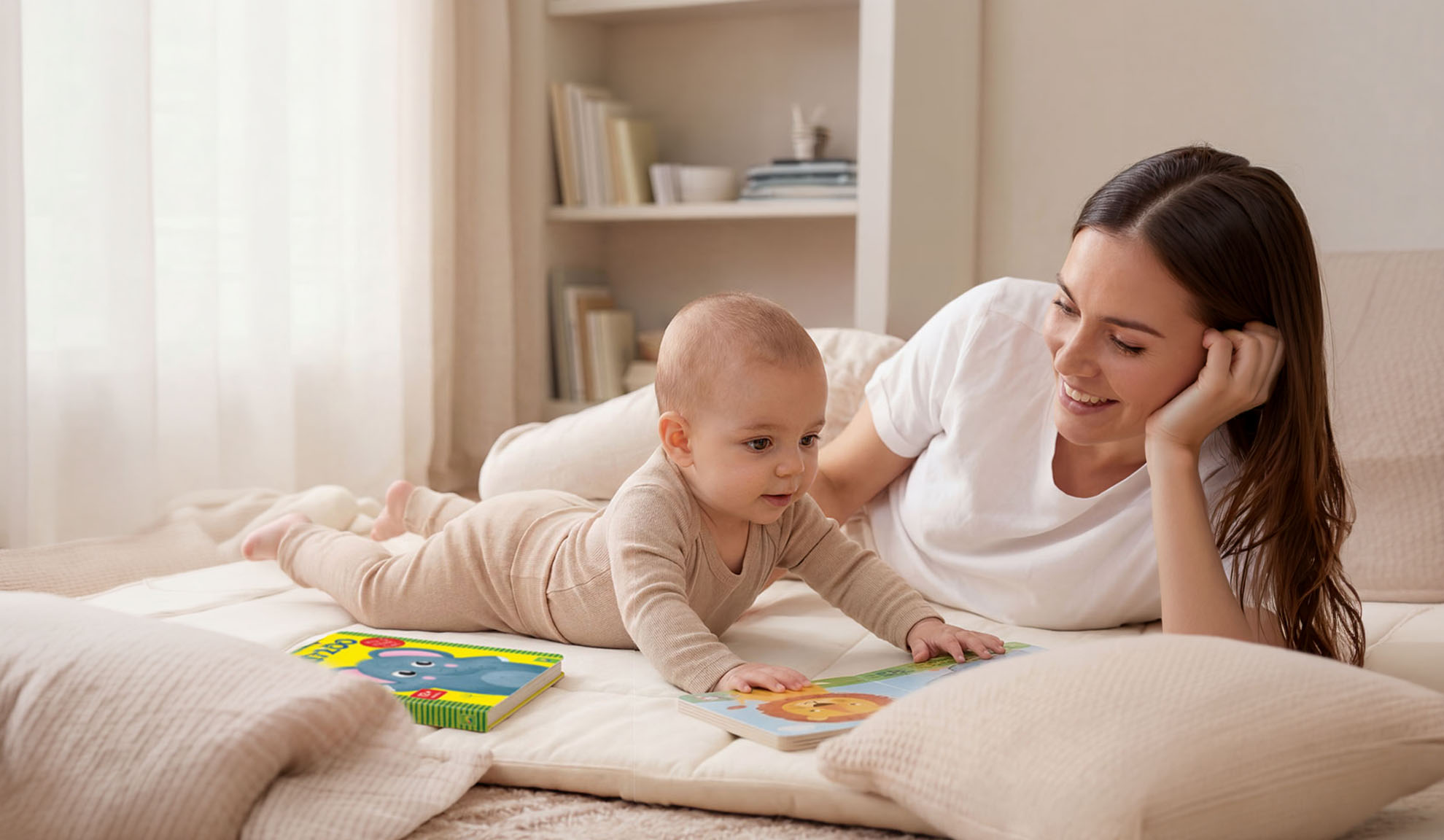 Mother and baby lying on the floor, reading books with animal pictures.