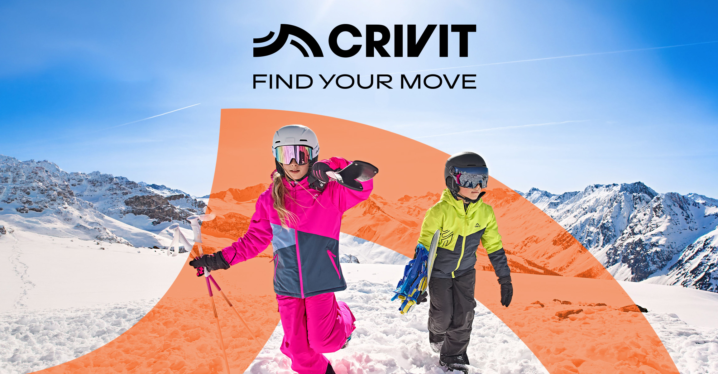 Two children in colorful ski jackets and helmets on a snowy mountain with the text Find Your Move.