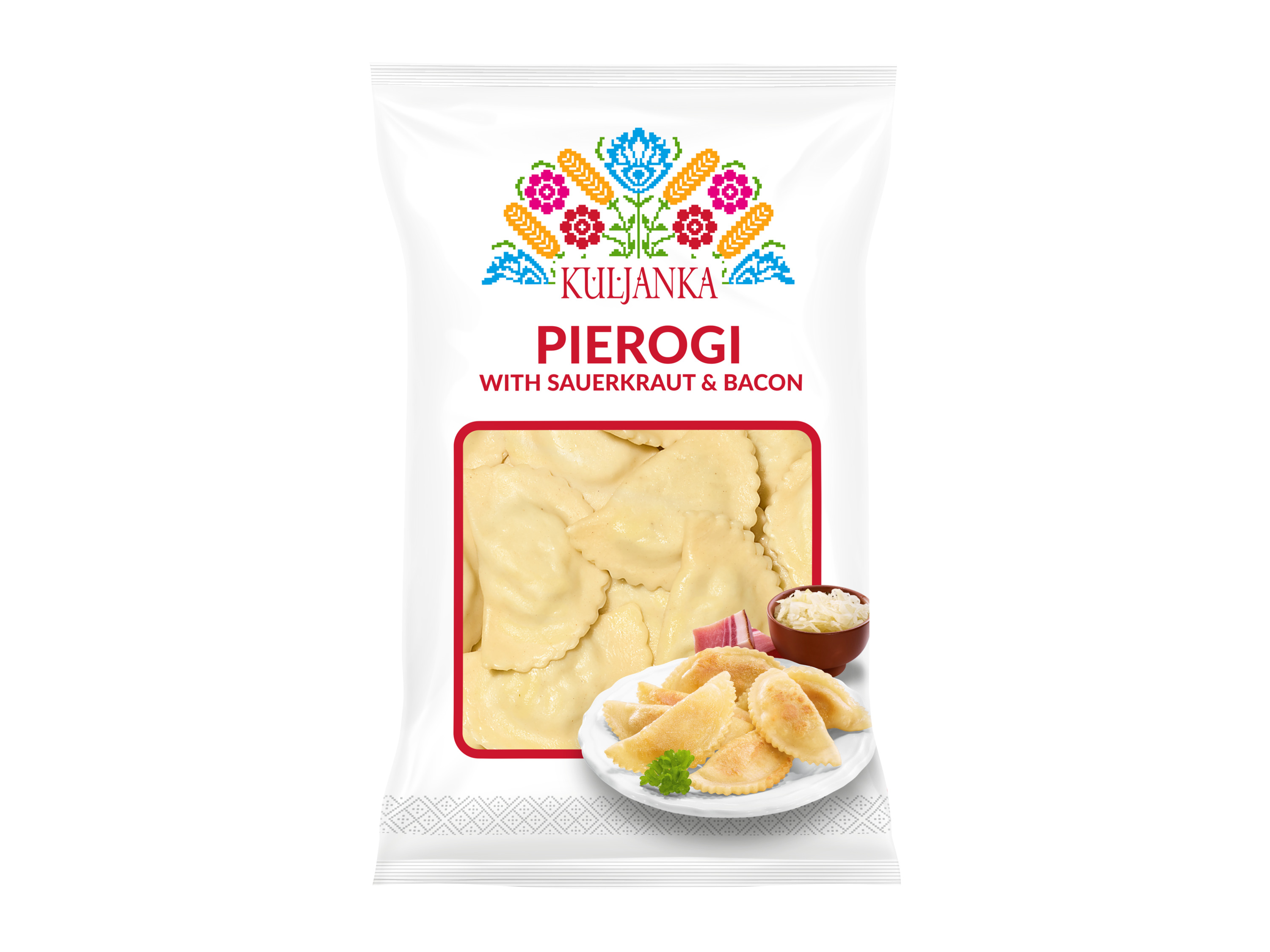 A white package of Kuljanka Pierogi with Sauerkraut & Bacon, featuring a window showing the pierogi.