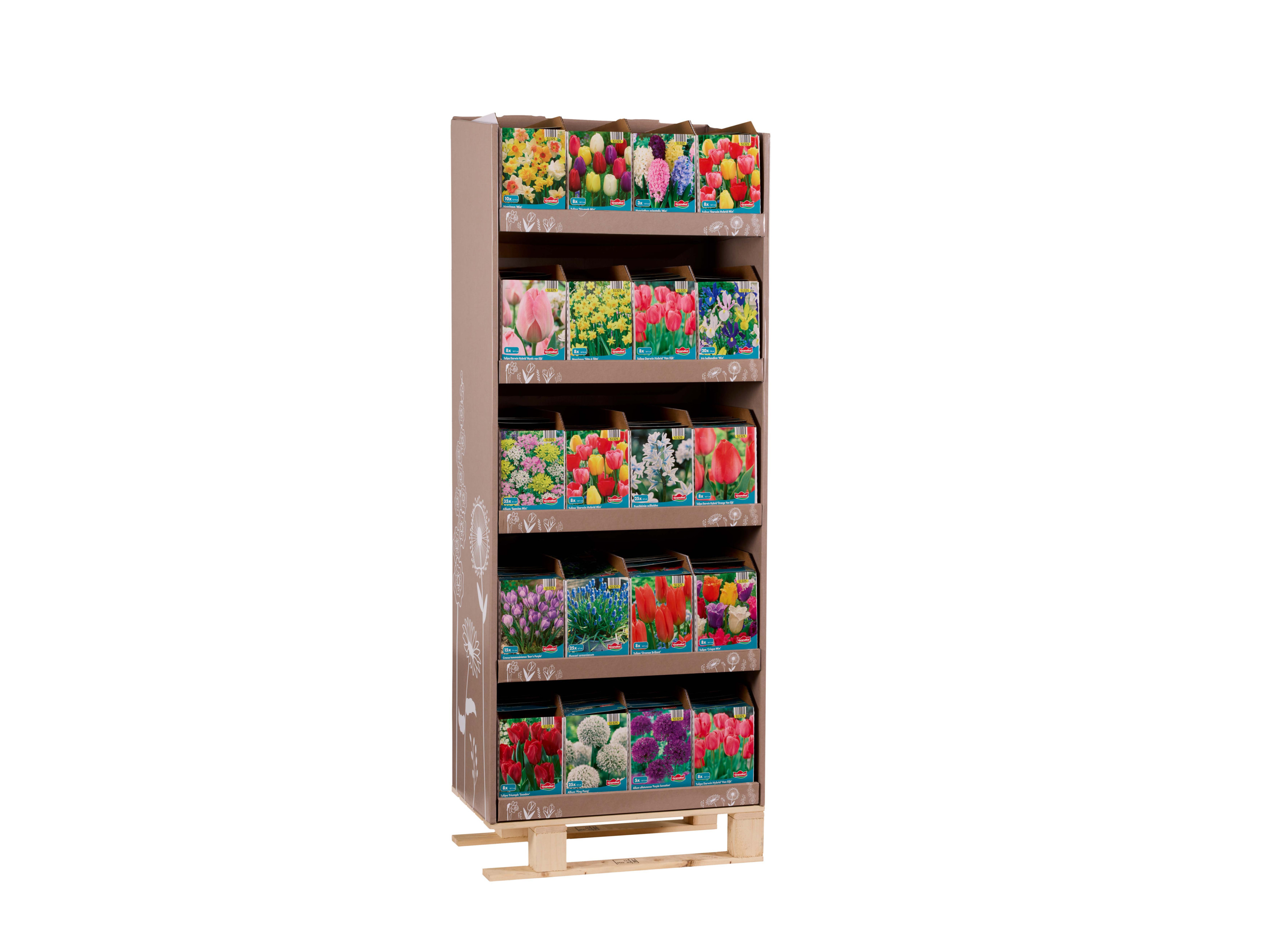 A tall display stand filled with various flower bulb packages, including tulips and daffodils.