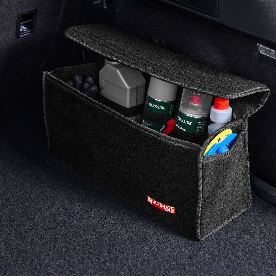 Black car boot organizer with cleaning products and car accessories