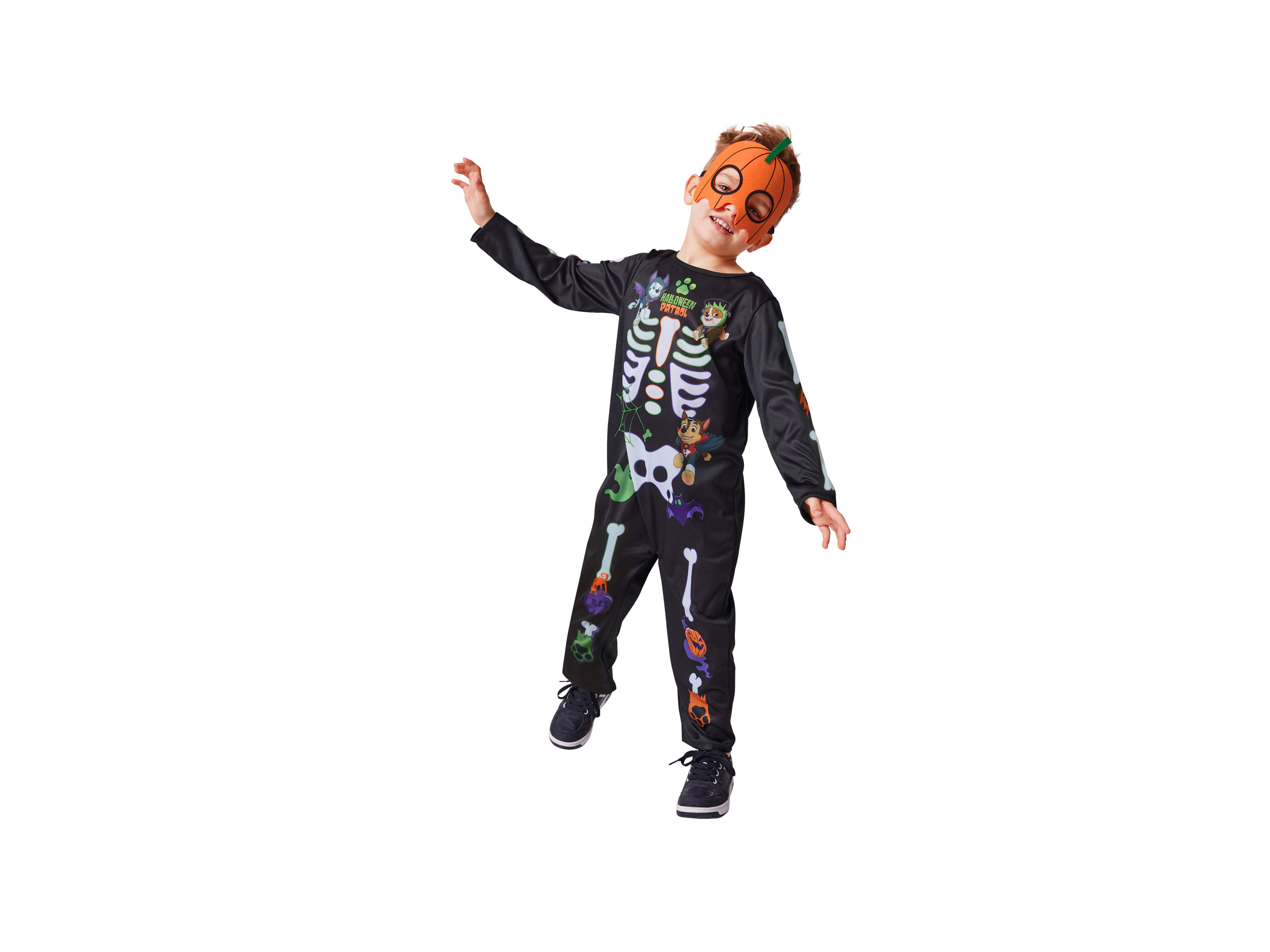 A child in a black skeleton jumpsuit with Paw Patrol characters and a pumpkin mask.