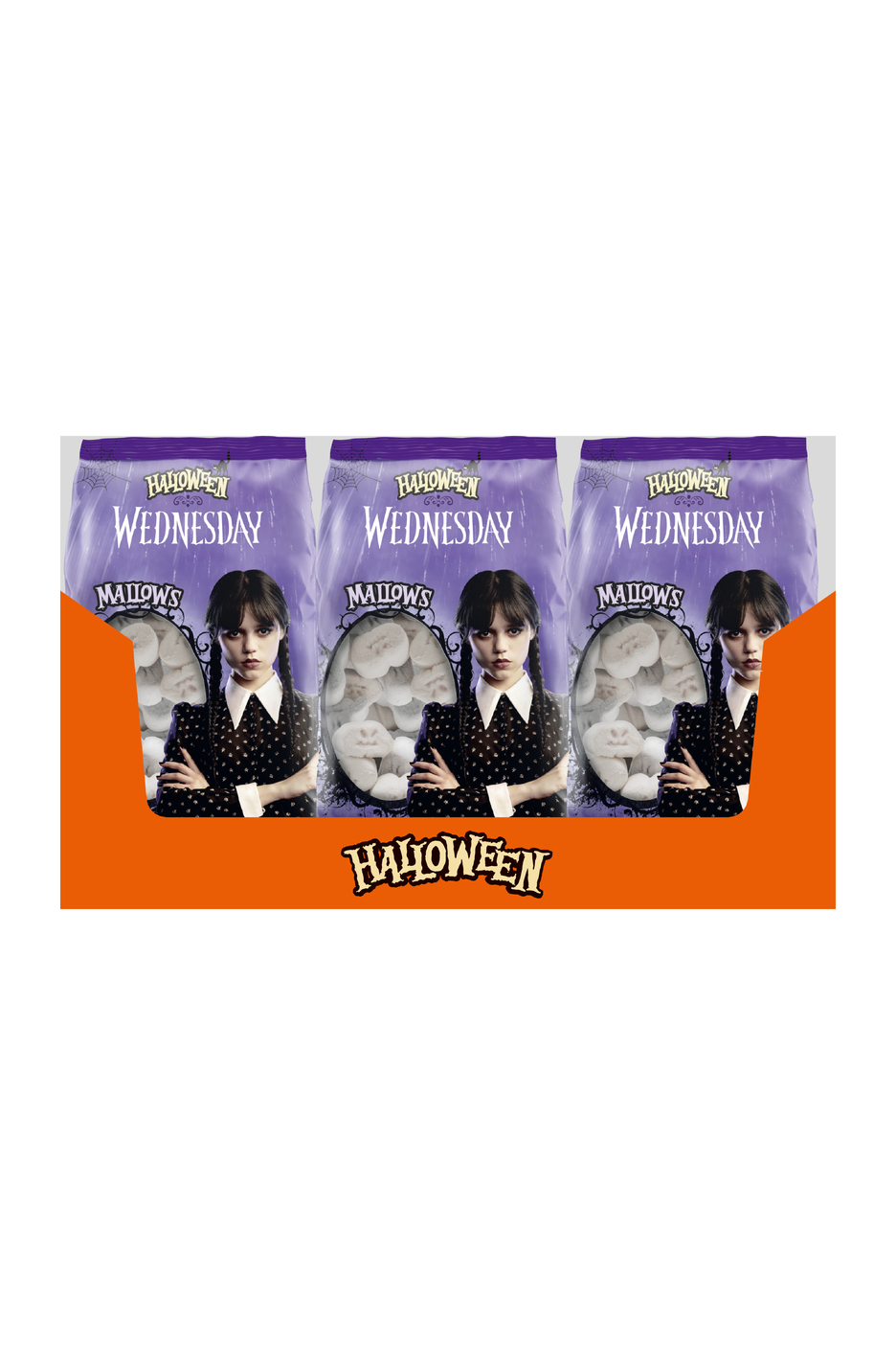 Three Halloween Wednesday Mallows candy bags featuring Wednesday Addams in an orange display box.