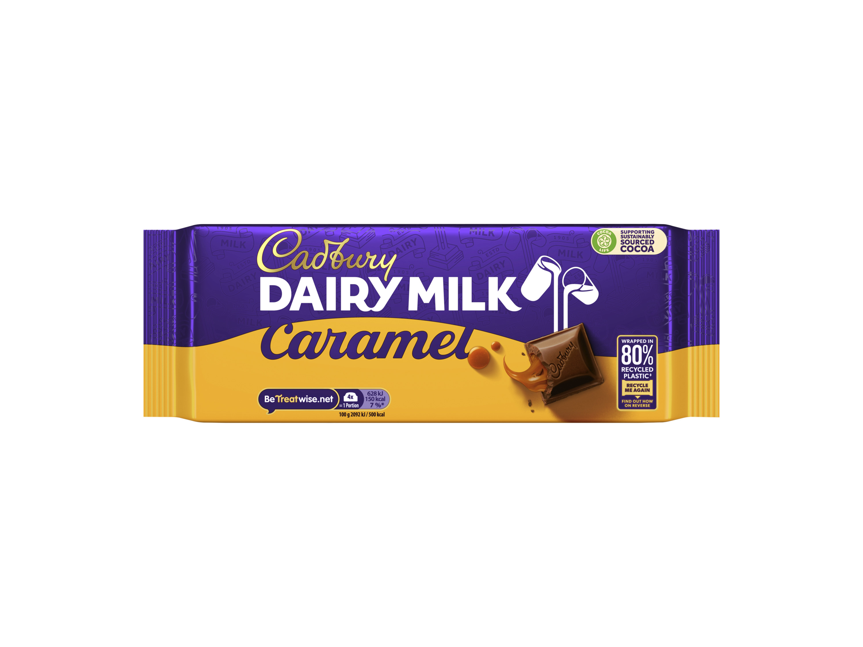 Cadbury Dairy Milk Caramel chocolate bar with a piece broken off showing caramel.