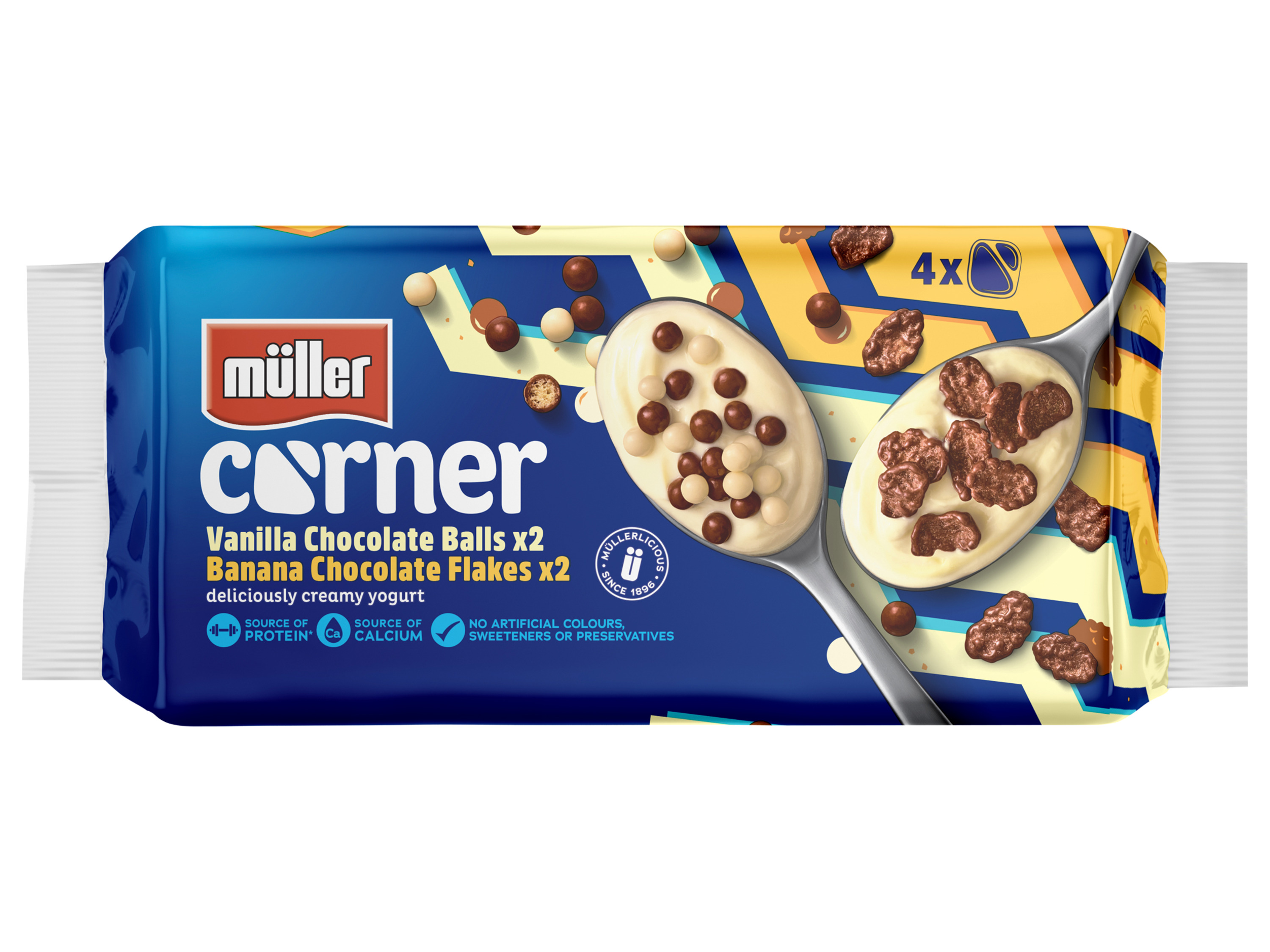 Müller Corner yogurt with vanilla chocolate balls and banana chocolate flakes.