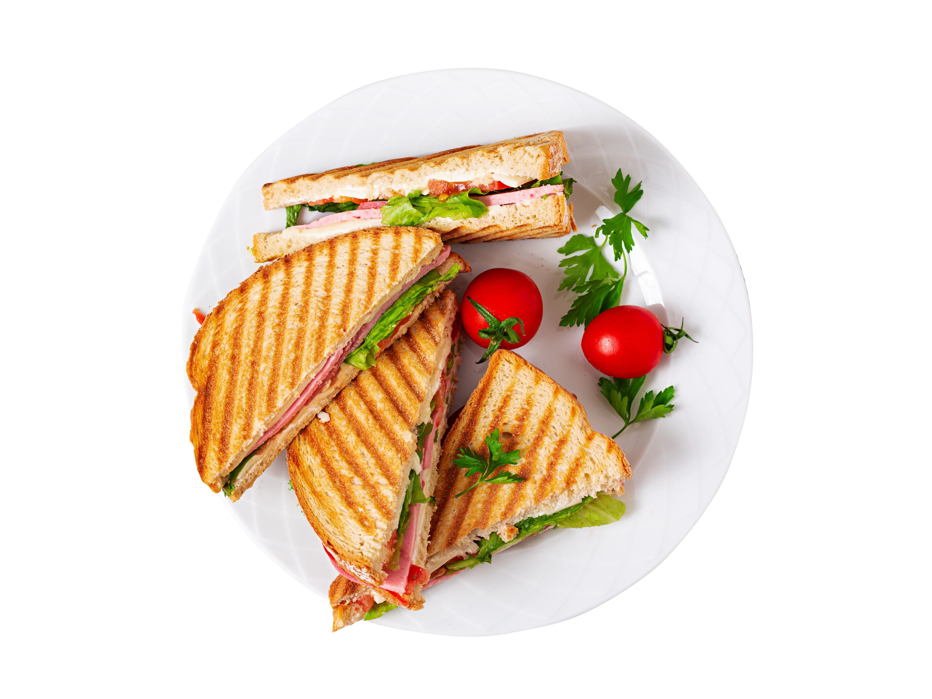 Grilled sandwiches with ham, cheese, and vegetables on a white plate with tomatoes.